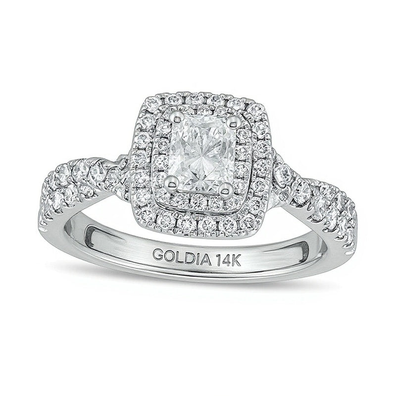 1.25 CT. Gesamtgewicht Verlobungsring im Vintage-Stil mit Diamanten im Radiant-Schliff und Halo aus 14K Weißgold (I/SI2)