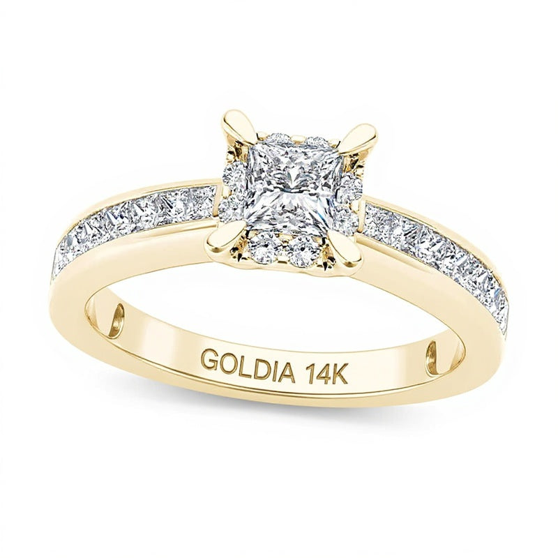 1.0 CT. TW Verlobungsring mit Diamanten im Princess-Schliff und Halo in 14K Gelbgold