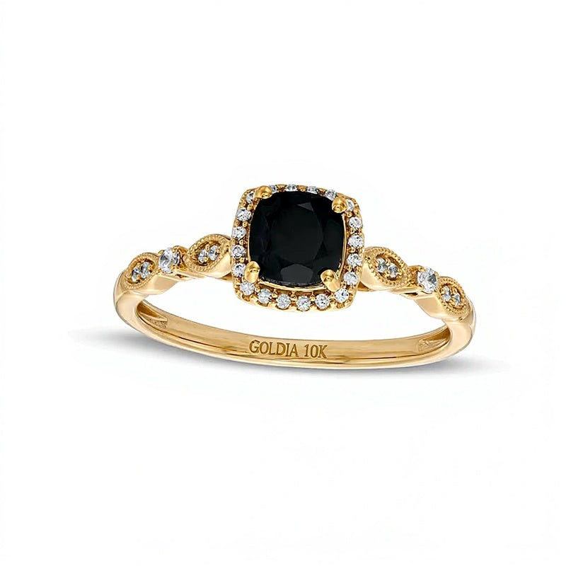 Verlobungsring im Art-déco-Vintage-Stil mit schwarzem Saphir im Kissenschliff 5,0 mm und Diamanten 0,1 ct. Gesamtgewicht als Halo in 10K Gelbgold