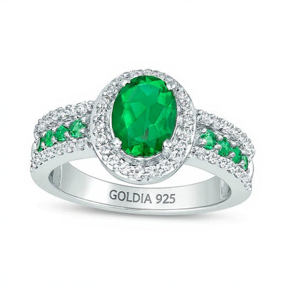 Halo-Ring mit ovalem Labor-Smaragd und weißen Saphiren in rhodiniertem Sterlingsilber