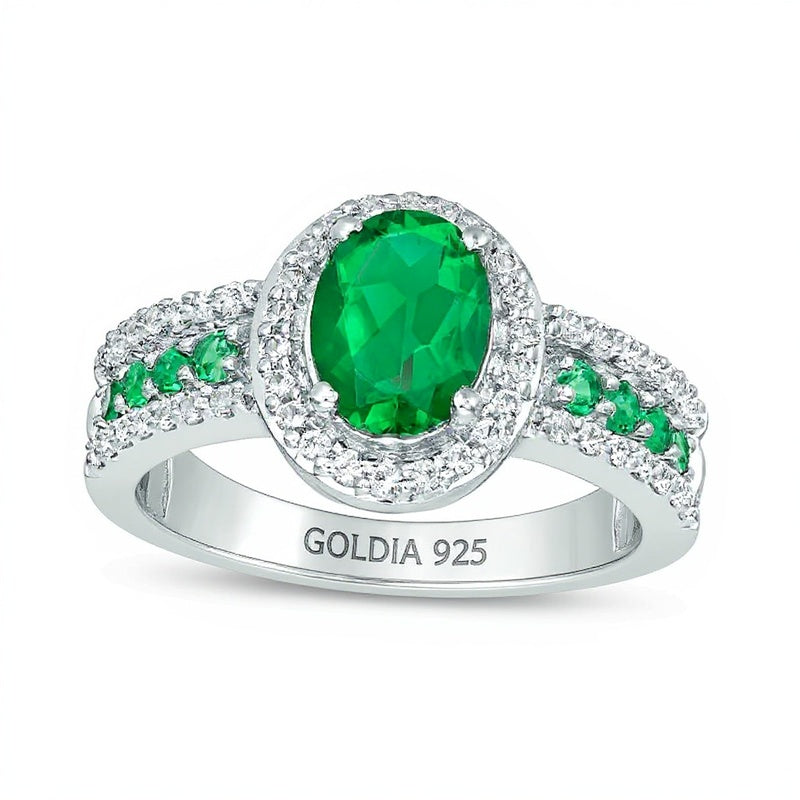 Halo-Ring mit ovalem Labor-Smaragd und weißen Saphiren in rhodiniertem Sterlingsilber