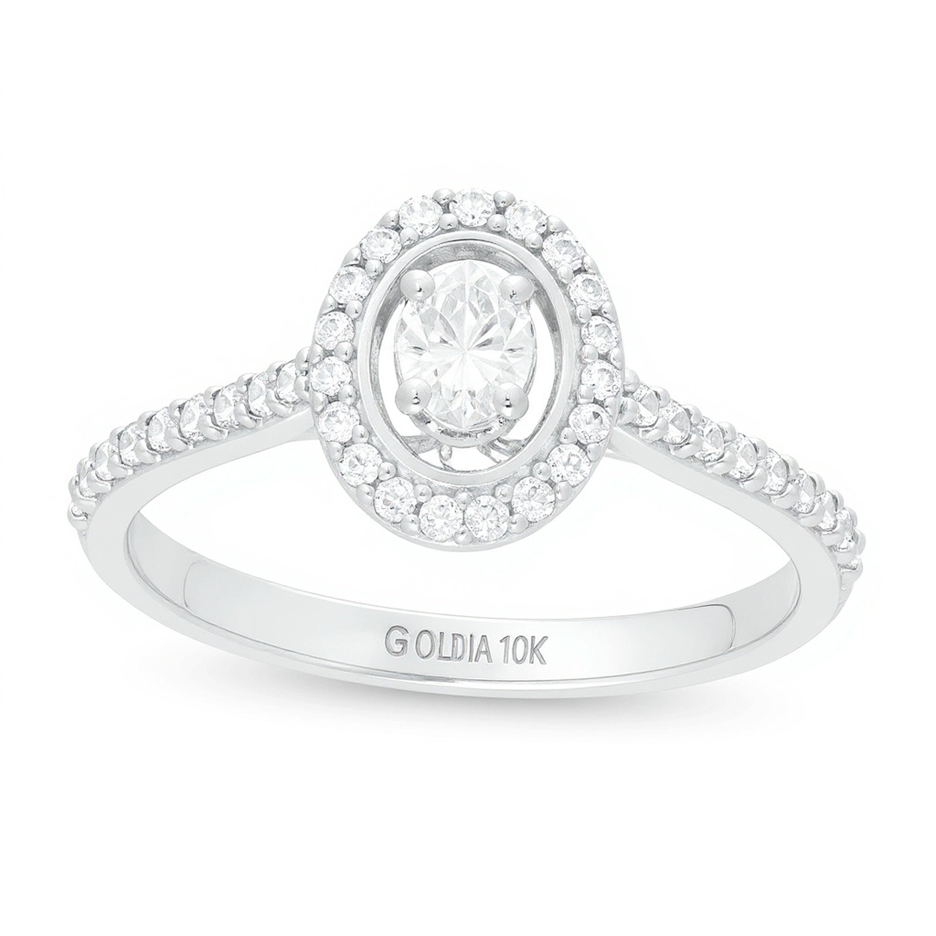 Verlobungsring mit ovalem Diamant und doppeltem Halo 0.5 ct. Gesamtgewicht in 10K Weißgold