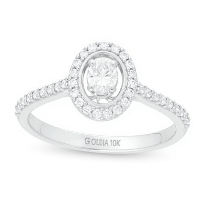 Verlobungsring mit ovalem Diamant und doppeltem Halo 0.5 ct. Gesamtgewicht in 10K Weißgold