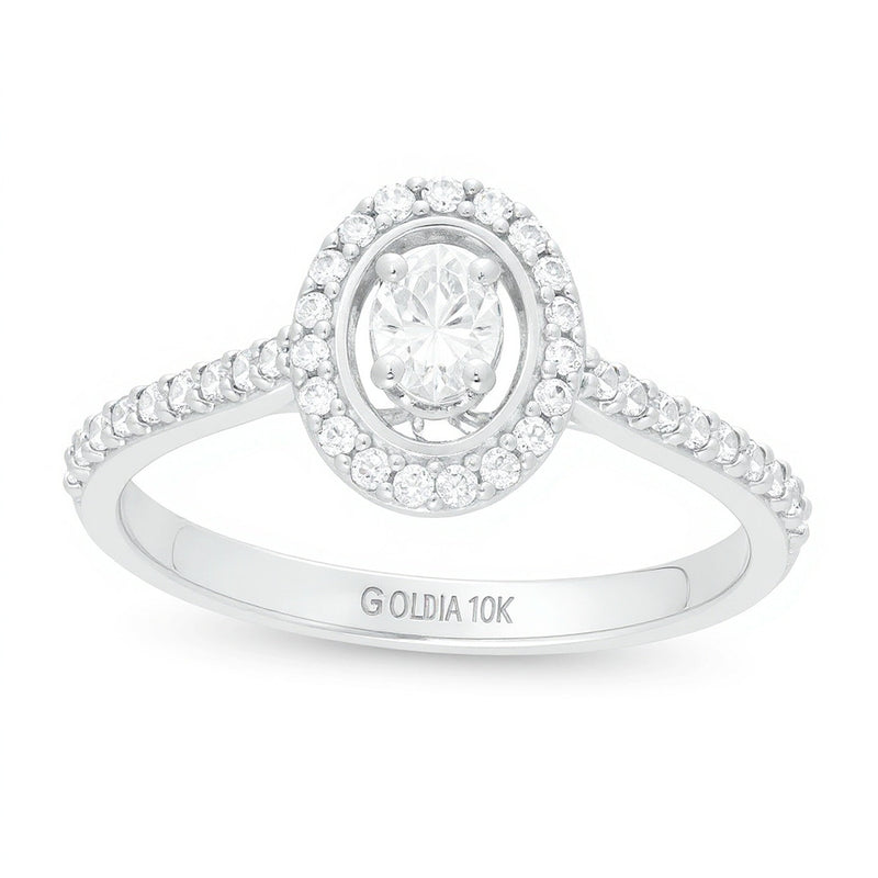 Verlobungsring mit ovalem Diamant und doppeltem Halo 0.5 ct. Gesamtgewicht in 10K Weißgold