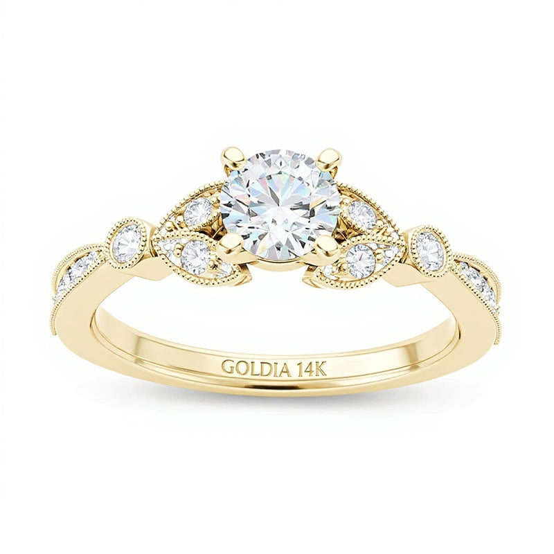 0,63 ct. Gesamtgewicht Diamant-Verlobungsring im Vintage-Stil mit Blattmotiv aus 14K Gelbgold