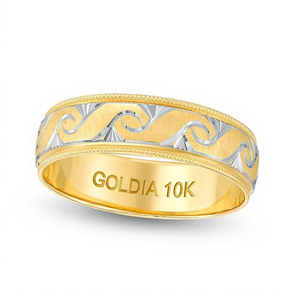 6,0mm Ehering mit Diamant-Cut-Wirbelmuster und Milgrain-Kante, Komfortschliff, in 10K Gold mit weißem Rhodium