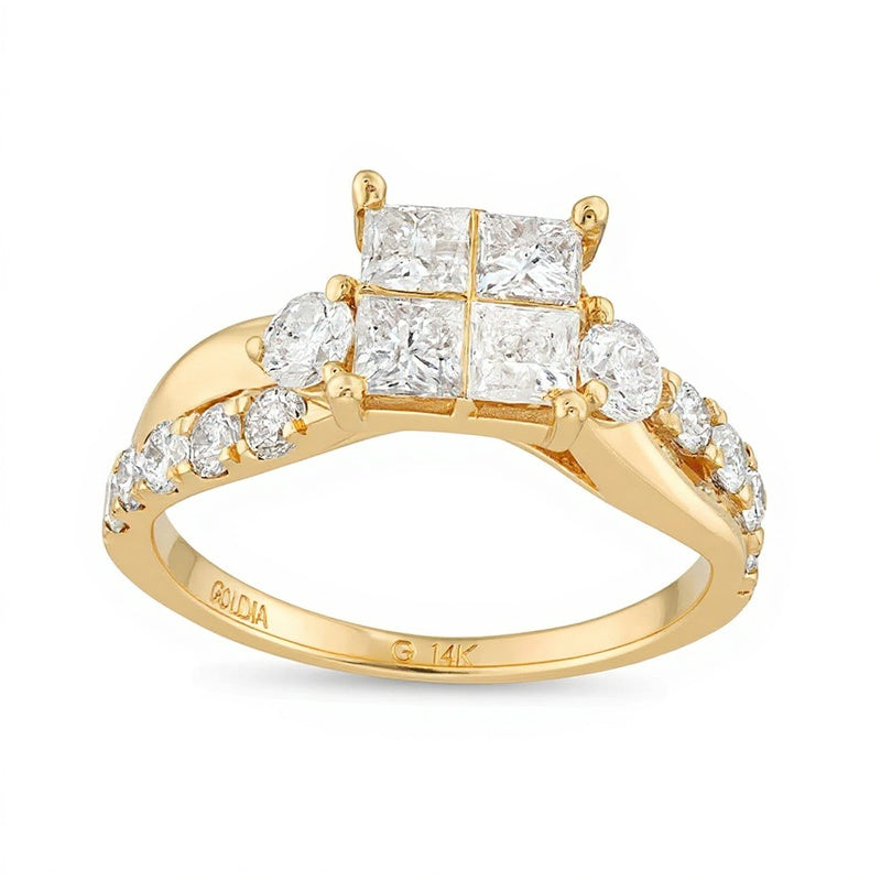 1.5 ct. Gesamtgewicht Verlobungsring mit Diamanten im Princess- und Rundschliff und gedrehter Ringschiene in 14K Gelbgold