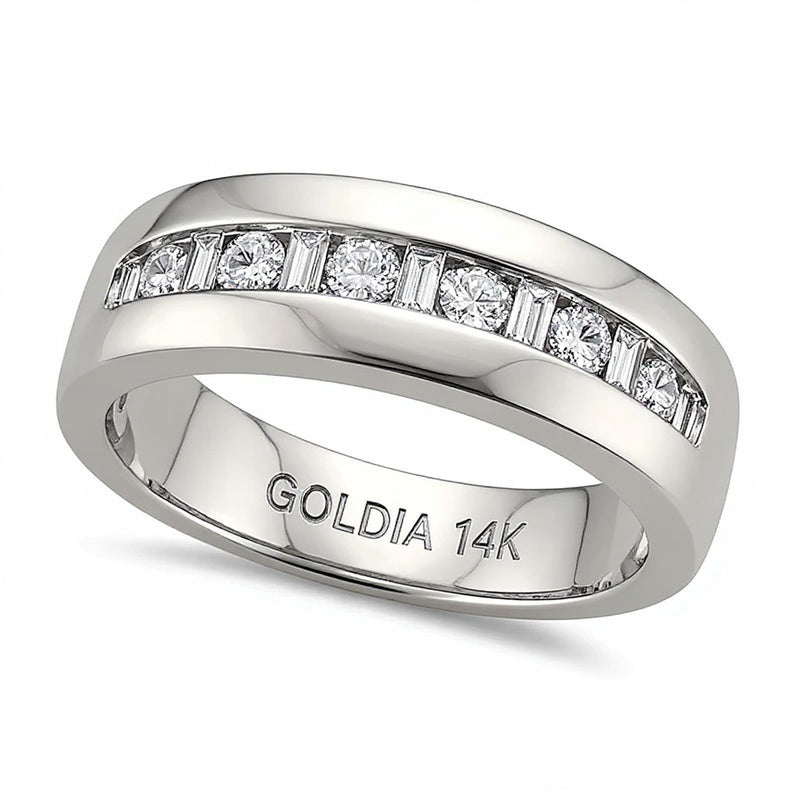 Ring mit Baguette- und runden Diamanten im Wechsel, kanalgefasst, 0.5 ct. Gesamtgewicht, in 14K Weißgold