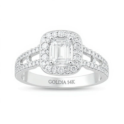 Halo-Verlobungsring mit Diamant im Smaragdschliff 1.0 ct. Gesamtgewicht in 14K Gold Bicolor