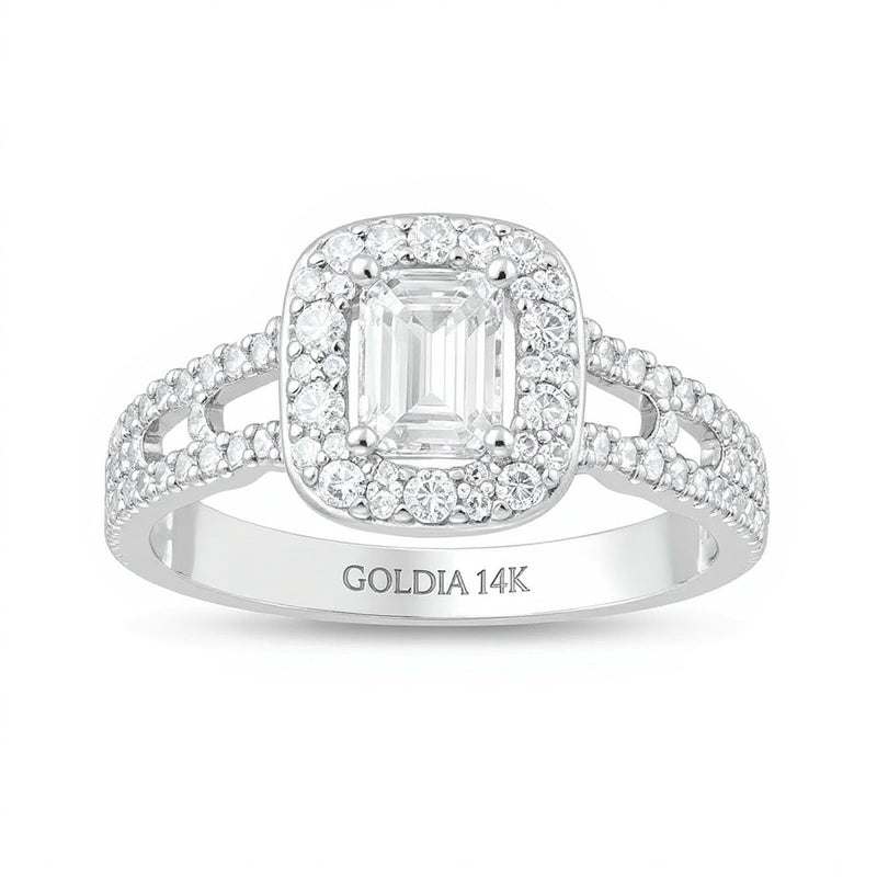 Halo-Verlobungsring mit Diamant im Smaragdschliff 1.0 ct. Gesamtgewicht in 14K Gold Bicolor