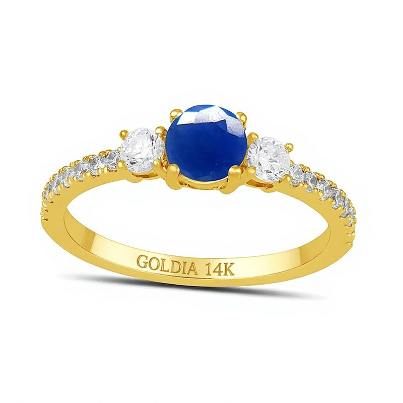 5,0mm blauer Saphir und Labordiamant 0,38 ct. Gesamtgewicht Dreistein-Ring in 14K Gelbgold