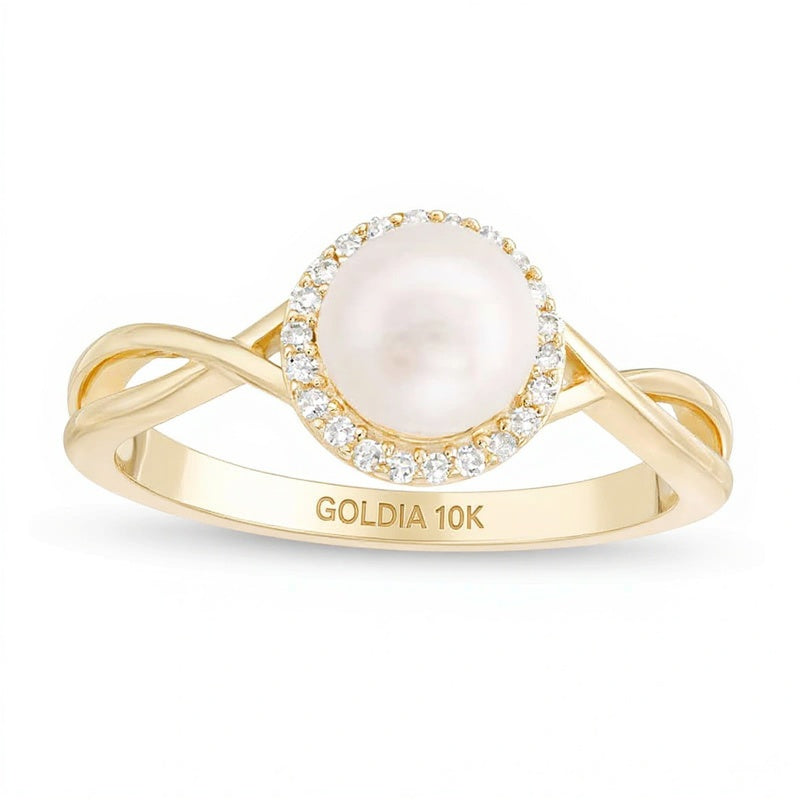 6,0mm Süßwasser-Zuchtperle und 0,1 ct. Gesamtgewicht Diamant Ring mit gedrehter Schiene und Rahmen in 10K Gelbgold