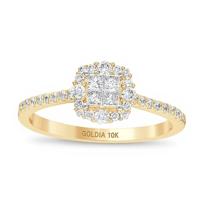 0.38 ct. Gesamtgewicht Verlobungsring mit Diamanten im Princess- und Rundschliff, Halo, in 10K Gelbgold