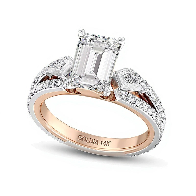 Verlobungsring Solitär mit seitlichem Besatz für Damen mit Labordiamanten im Smaragdschliff, 4.0 ct. Gesamtgewicht, in 14K Gold Two-Tone
