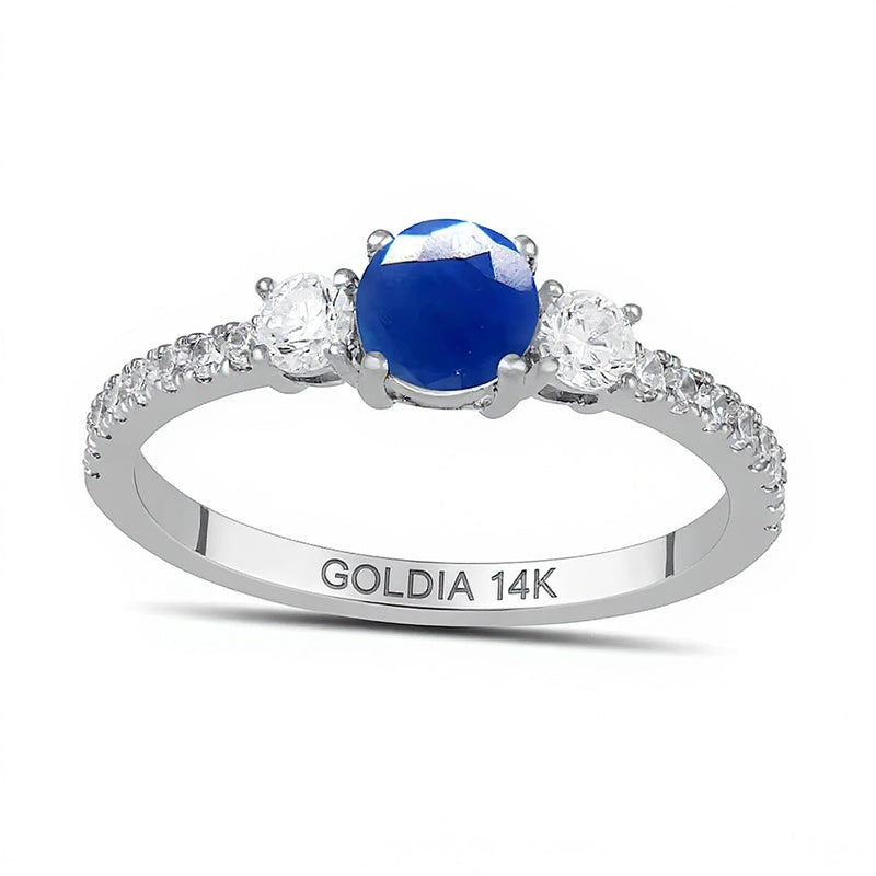 5,0 mm blauer Saphir und Labordiamant 0,38 ct. Gesamtgewicht Dreistein-Ring aus 14K Weißgold