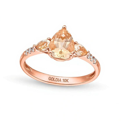 Dreistein-Ring mit tropfenförmigem Morganit und 0,07 ct. Gesamtgewicht Diamanten in 10K Roségold