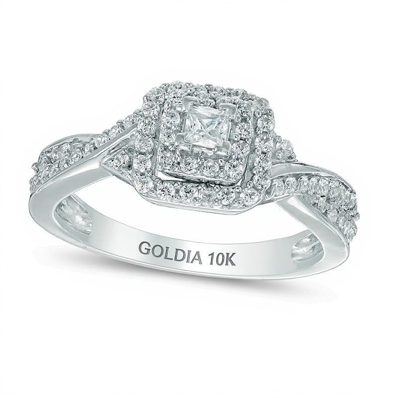 Verlobungsring mit Halo und Princess-Diamanten 0.33 ct. Gesamtgewicht in 10K Weißgold