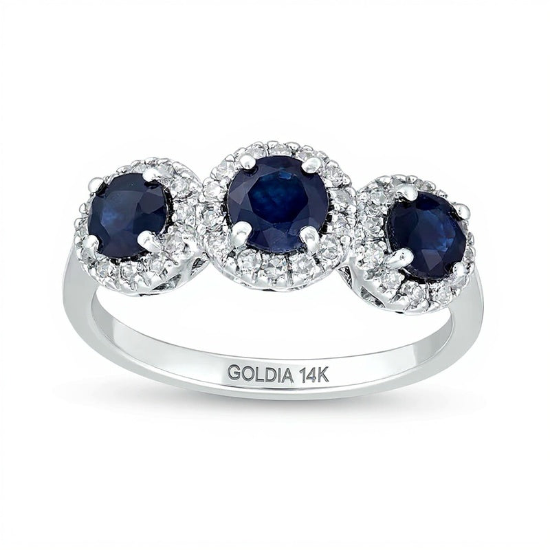 4,5mm blauer Saphir und 0,2 ct. Gesamtgewicht Diamant Dreistein-Ring in 14K Weißgold