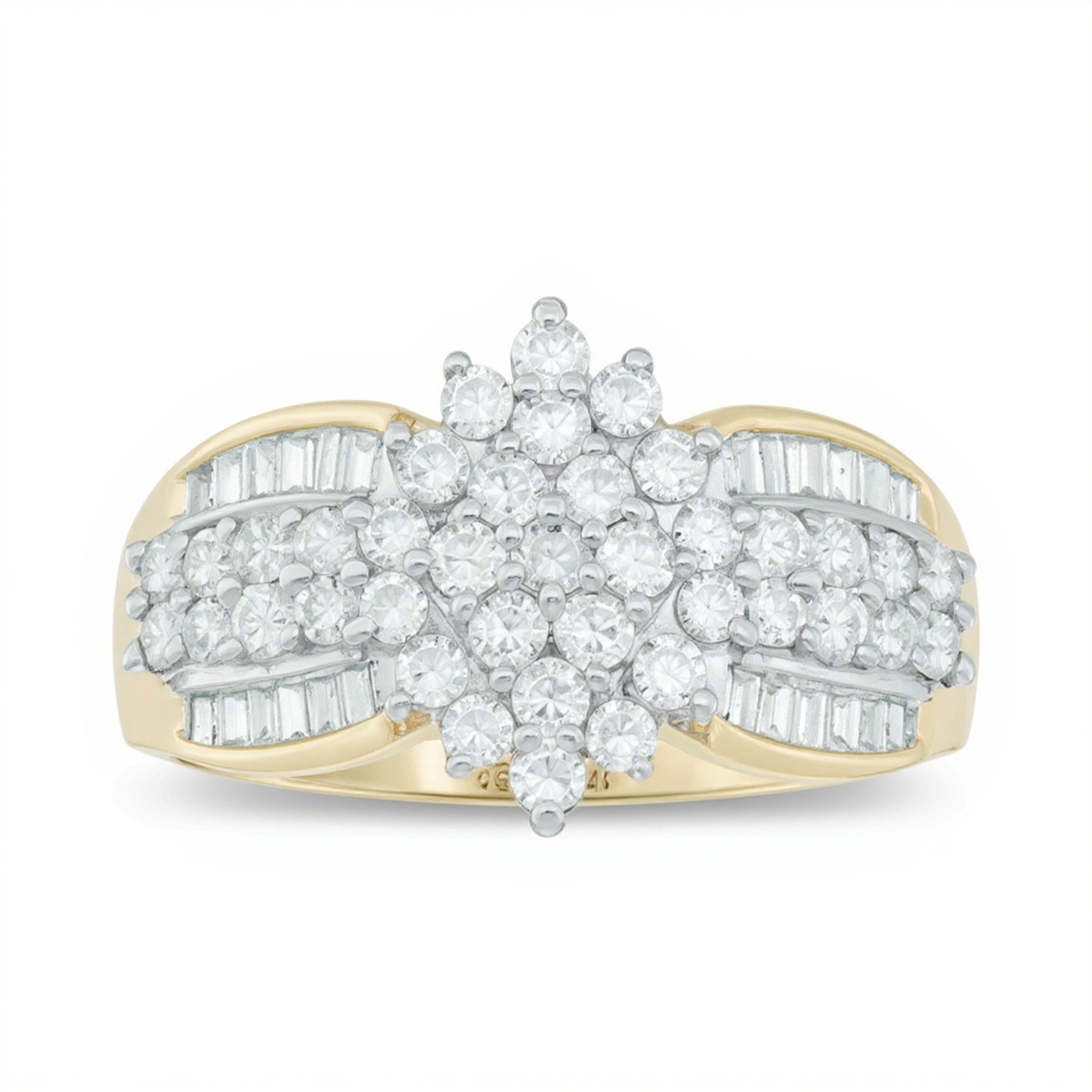 Verlobungsring mit mehreren Diamanten im runden Schliff und Baguette-Schliff, 1.0 ct. Gesamtgewicht, in 14K Gelbgold