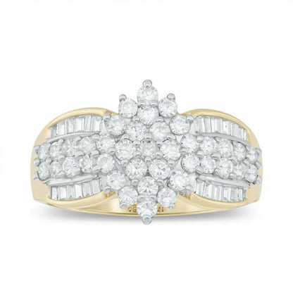Verlobungsring mit mehreren Diamanten im runden Schliff und Baguette-Schliff, 1.0 ct. Gesamtgewicht, in 14K Gelbgold