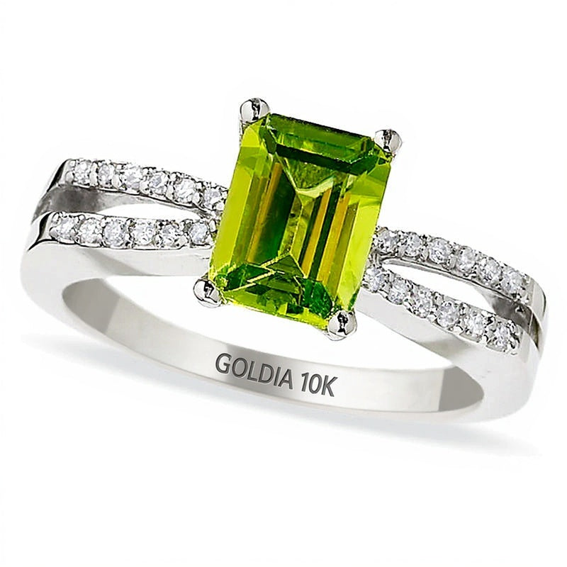 Peridot-Ring im Smaragdschliff in 10K Weißgold mit Diamant-Besatz