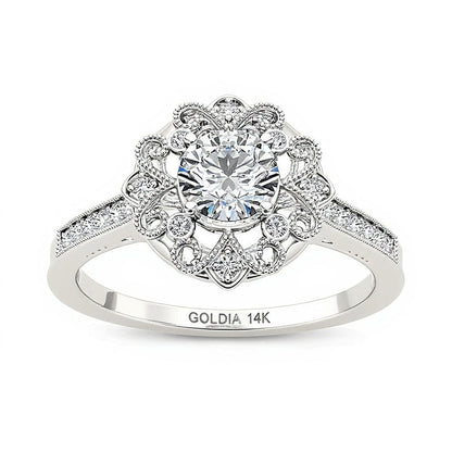 0,63 ct. Gesamtgewicht Diamant Verlobungsring im Vintage-Stil mit floralem Halo in 14K Weißgold