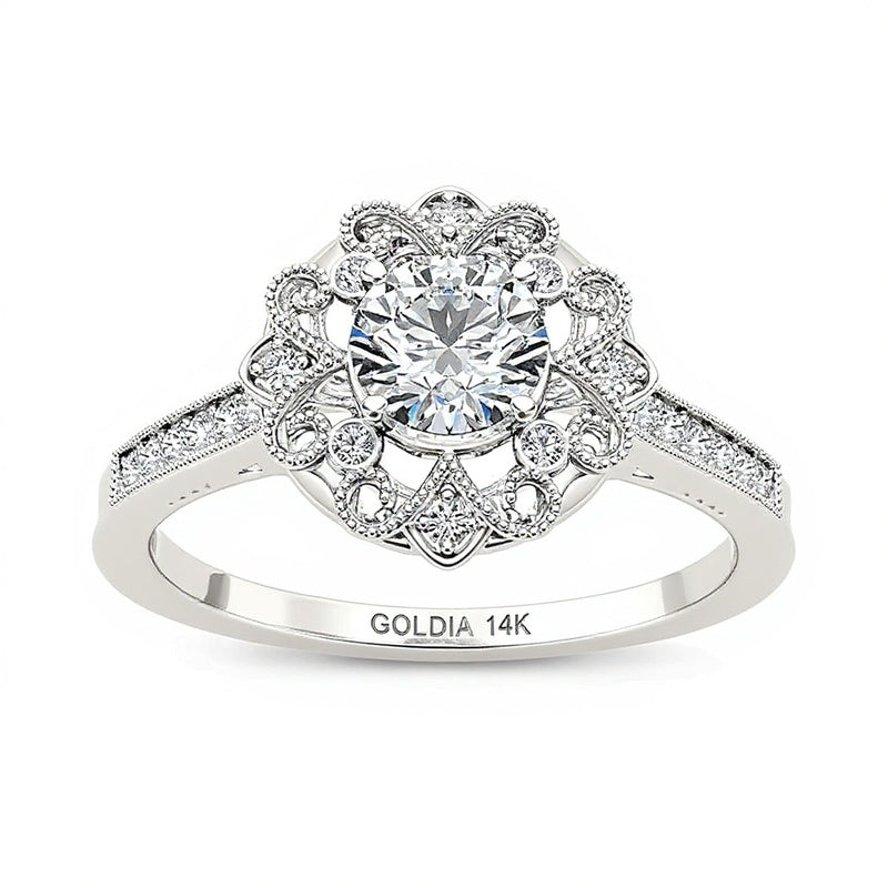 0,63 ct. Gesamtgewicht Diamant Verlobungsring im Vintage-Stil mit floralem Halo in 14K Weißgold
