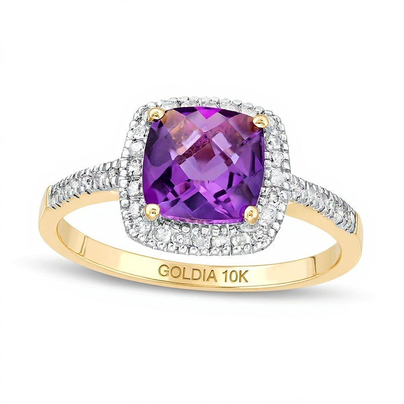7,0 mm Amethyst im Kissenschliff und 0,2 ct. Gesamtgewicht Diamant Halo-Ring in 10K Gelbgold