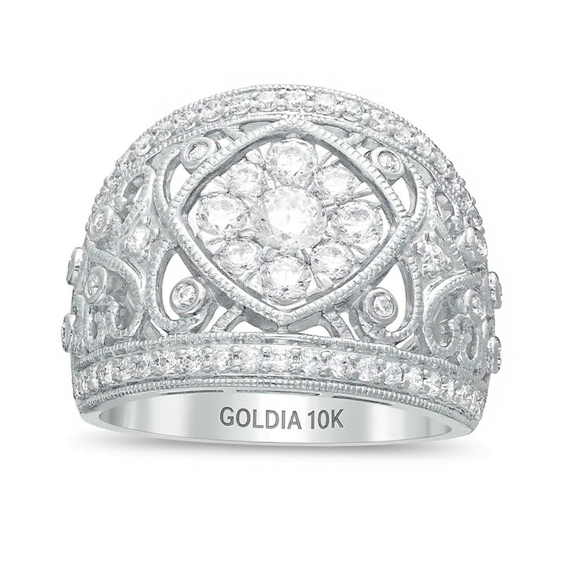 1.25 ct. Gesamtgewicht Komposit-Diamant Ring im Vintage-Stil mit filigranem, gekipptem Quadrat-Design in 10K Weißgold