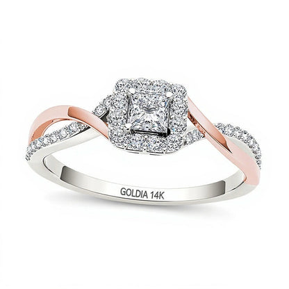 0.5 ct. Gesamtgewicht Verlobungsring Halo mit Diamanten im Princess-Schliff in 14K Gold zweifarbig