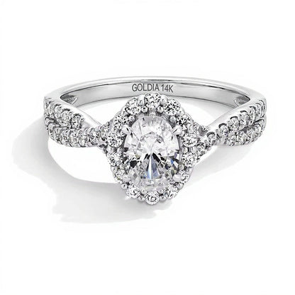 1.0 CT. Gesamtgewicht Verlobungsring mit ovalem Labordiamant, Halo und Crossover-Schiene in 14K Weißgold (F/SI2)