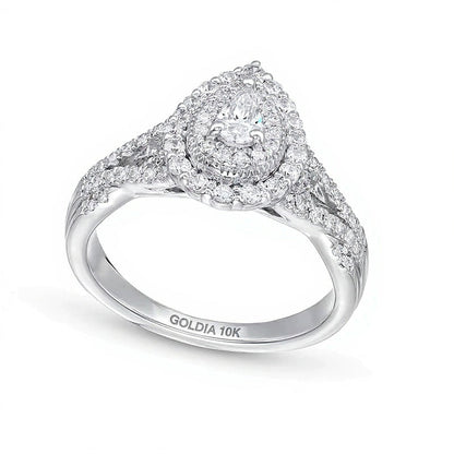 0,63 ct. Gesamtgewicht tropfenförmiger Diamant-Halo-Verlobungsring mit geschwungener Doppelschiene in 10K Weißgold