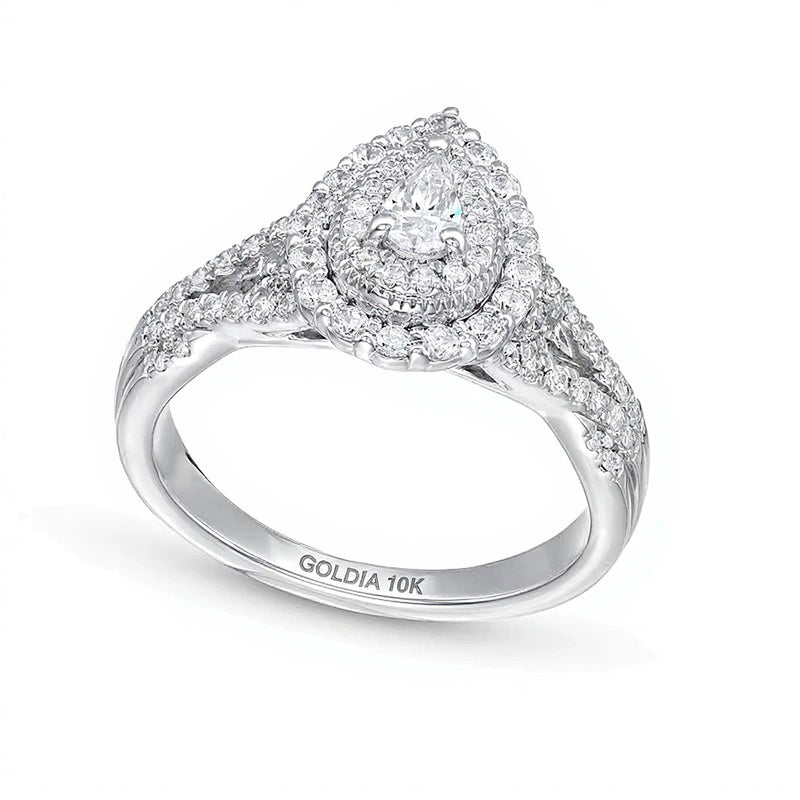 0,63 ct. Gesamtgewicht tropfenförmiger Diamant-Halo-Verlobungsring mit geschwungener Doppelschiene in 10K Weißgold