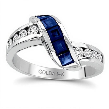 Fashion-Ring mit blauem Saphir im Princess-Schliff und 0,33 ct. Gesamtgewicht Diamanten in 14K Weißgold