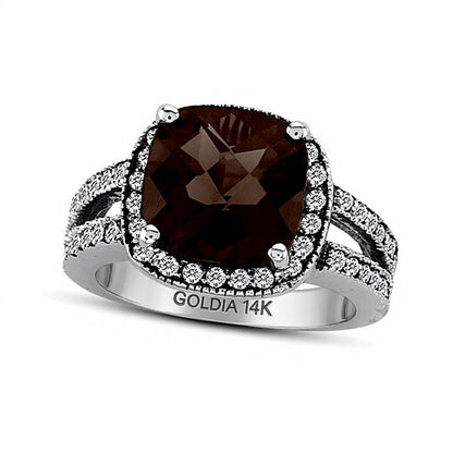 9,0 mm Rauchquarz im Kissenschliff und Diamant Halo-Ring mit geteilter Schiene, 0,5 ct. Gesamtgewicht, in 14K Weißgold