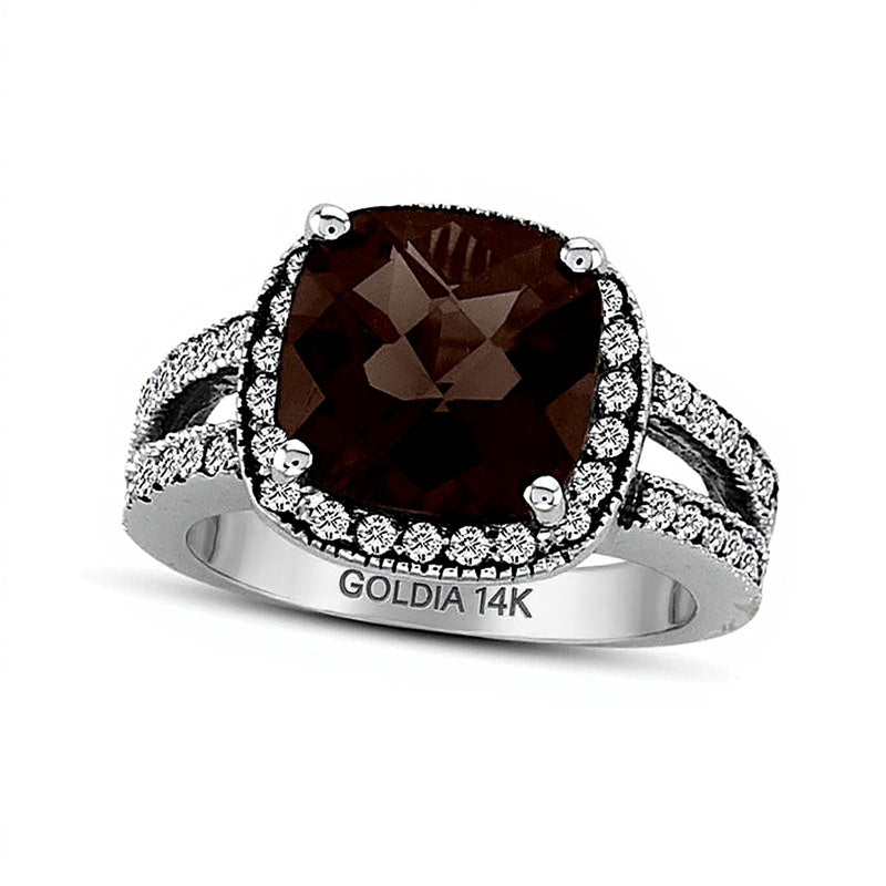 9,0 mm Rauchquarz im Kissenschliff und Diamant Halo-Ring mit geteilter Schiene, 0,5 ct. Gesamtgewicht, in 14K Weißgold