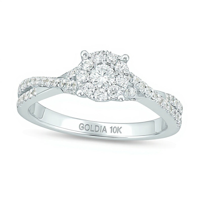 0.5 ct. Gesamtgewicht Verlobungsring mit Halo und Crossover-Schiene aus 10K Weißgold