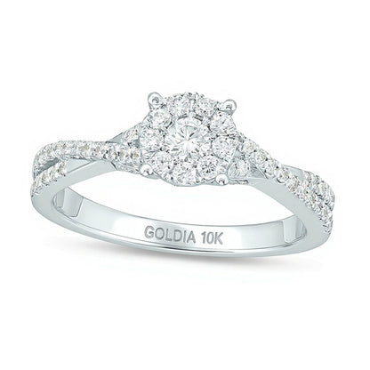 0.5 ct. Gesamtgewicht Verlobungsring mit Halo und Crossover-Schiene aus 10K Weißgold