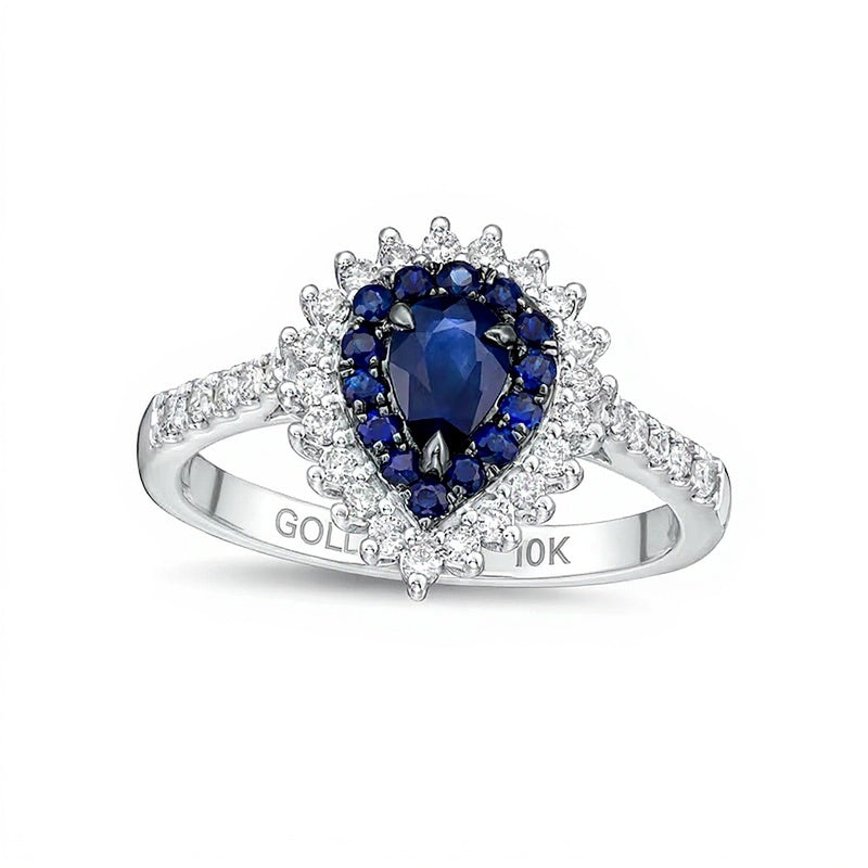 Halo-Ring mit blauem Saphir im Tropfenschliff und Diamanten 0,33 ct. Gesamtgewicht in 10K Weißgold