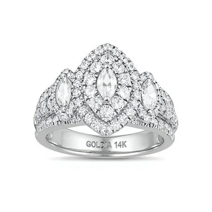 2.0 ct. Gesamtgewicht Dreistein-Verlobungsring mit Diamanten im Marquise- und Rundschliff in 14K Weißgold