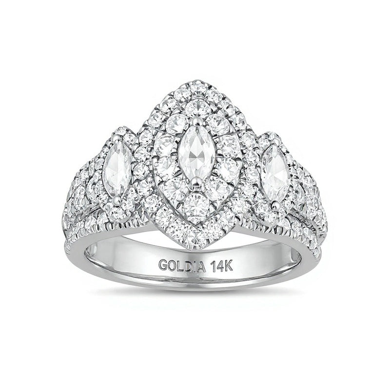 2.0 ct. Gesamtgewicht Dreistein-Verlobungsring mit Diamanten im Marquise- und Rundschliff in 14K Weißgold