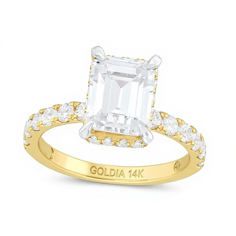 Solitär mit seitlichem Besatz Verlobungsring mit Labordiamant im Smaragdschliff 3,88 ct. Gesamtgewicht in 14K Gelbgold (I/SI2)