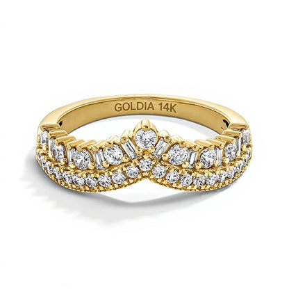 0.63 ct. Gesamtgewicht Baguette- und runder Diamant Chevron-Memoire-Ring im Vintage-Stil mit Doppelreihe in 14K Gelbgold
