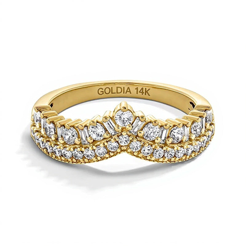 0.63 ct. Gesamtgewicht Baguette- und runder Diamant Chevron-Memoire-Ring im Vintage-Stil mit Doppelreihe in 14K Gelbgold