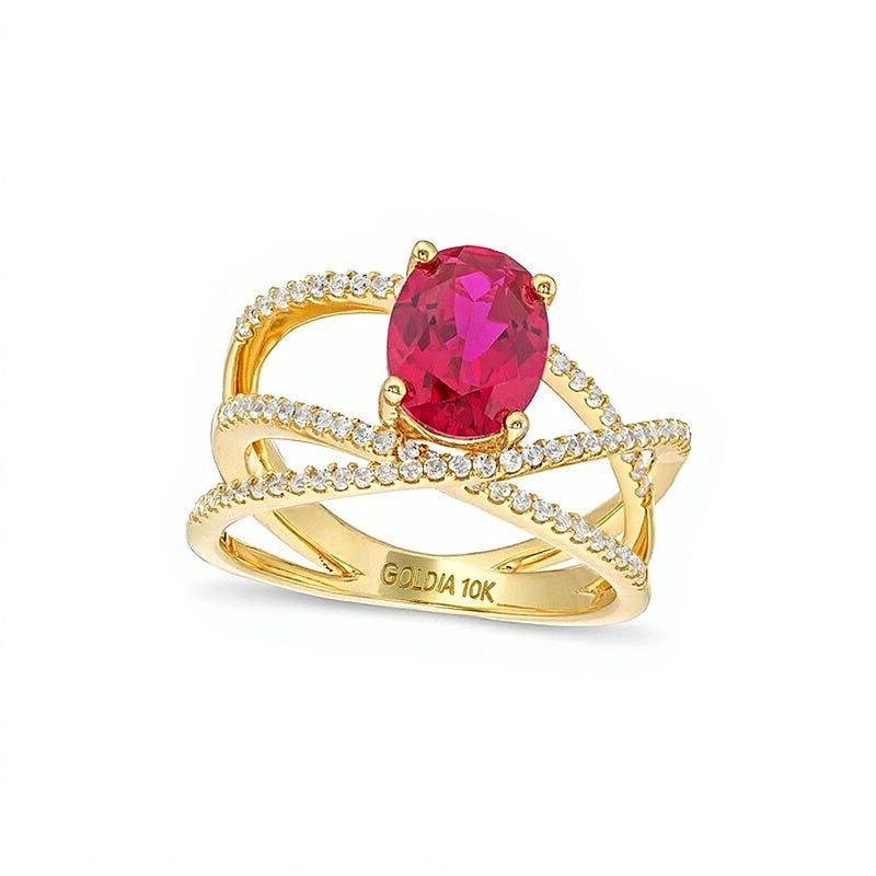 Fashion-Ring mit ovalem Labor-Rubin und weißem Labor-Saphir in 10K Gelbgold