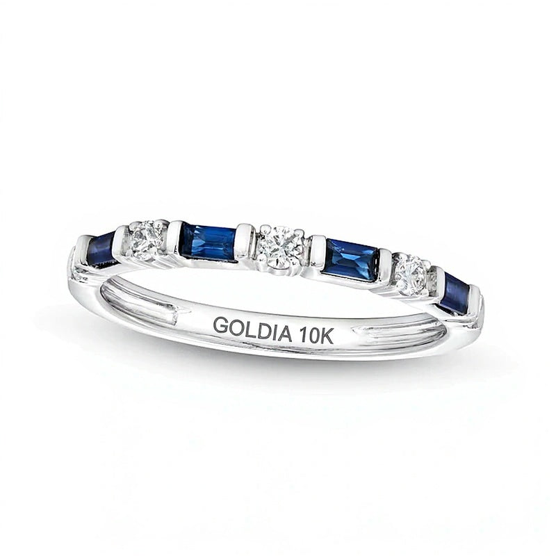 Ring mit blauen Saphiren im Baguette-Schliff und Diamanten (0,17 ct. Gesamtgewicht) im Wechsel in 10K Weißgold