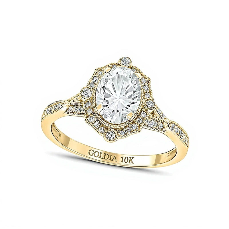 Ring mit ovalem weißem Labor-Saphir und 0,2 ct. Gesamtgewicht Diamanten im Vierpass-Halo im Art-déco-Vintage-Stil in 10K Gold