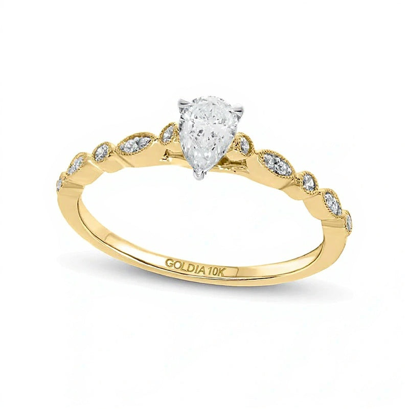 0.5 ct. Gesamtgewicht tropfenförmiger Diamant-Verlobungsring im Vintage-Stil mit Milgrain-Ring in 10K Gelbgold (I/I2)