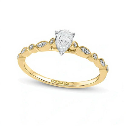 0.5 ct. Gesamtgewicht tropfenförmiger Diamant-Verlobungsring im Vintage-Stil mit Milgrain-Ring in 10K Gelbgold (I/I2)