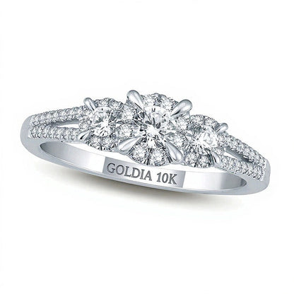 0.25 ct. Gesamtgewicht Dreistein-Freundschaftsring mit Diamant-Rahmen und geteiltem Ringschienen-Design in 10K Weißgold